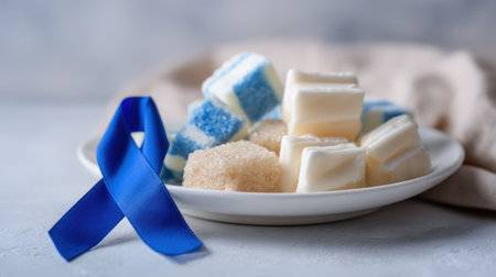 A plate of colorful sugar cubes, including blue and white designs, paired with a blue awareness ribbon, perfect for celebrations and special events.の素材