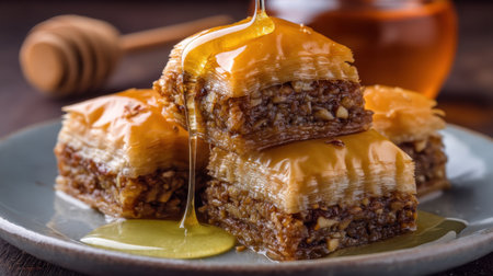 A stunning close-up of baklava drizzled with honey, showcasing its flaky layers and nutty filling, perfect for food lovers and culinary enthusiasts.の素材