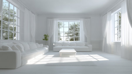 This image showcases a bright and airy contemporary living room, featuring large windows that invite sunshine and a serene atmosphere, ideal for relaxation.の素材