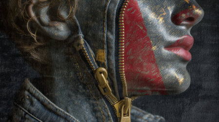 A striking artistic portrait showcasing the human face with a denim zipper detail, revealing an abstract design, merging textures and colors.の素材