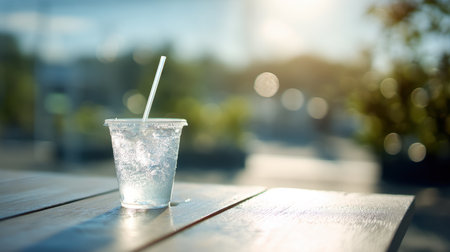 A clear cup filled with ice and water stands on a wooden table, capturing the essence of refreshment on a sunny day. Perfect for summer.の素材
