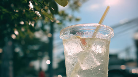 A tantalizing cold beverage with ice cubes sits in a transparent cup against a backdrop of greenery and blue sky, inviting refreshment.の素材