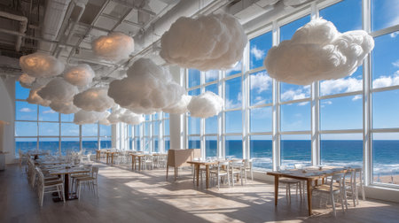 This captivating restaurant interior showcases a stunning ocean view. Unique cloud decorations enhance the inviting atmosphere, perfect for relaxed dining.の素材