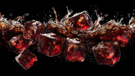 Dynamic image showcasing ice cubes splashing in soda against a dark backdrop, emphasizing refreshment and summer vibes perfect for beverage promotion.の素材