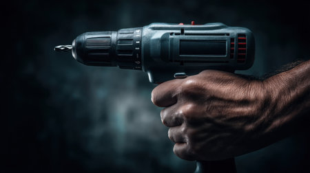 A close-up image of a hand gripping an electric drill with a twisting bit, set against a dark, moody backdrop, symbolizing craftsmanship.の素材