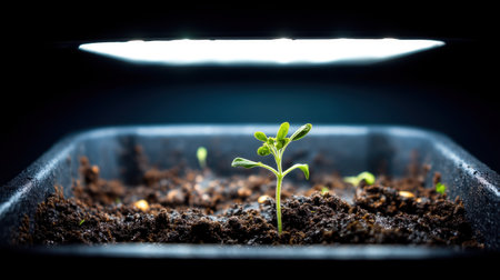 A vibrant green seedling emerges from dark soil, illuminated by bright LED lights, showcasing the growth process in indoor gardening.の素材