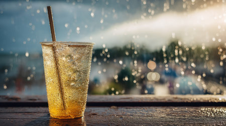 A clear cup filled with a cold beverage sits on a wet table as rain falls softly in the background, creating a serene and refreshing atmosphere.の素材