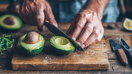 A close-up image of hands skillfully slicing a ripe avocado on a rustic wooden cutting board, surrounded by fresh ingredients and kitchen tools.の素材
