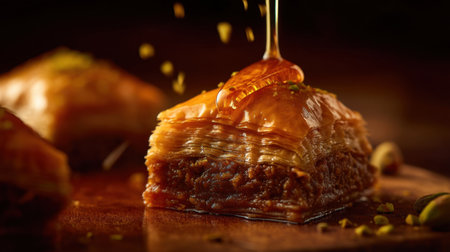 Experience the richness of baklava, a traditional pastry, enhanced by honey drizzle and topped with crunchy pistachios in a warm, inviting setting.の素材