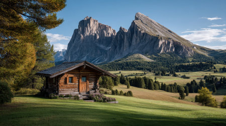 A charming wooden cabin stands peacefully in a vast green field, surrounded by towering mountains under a clear blue sky, inviting tranquility and exploration.の素材