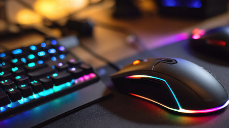This image showcases a colorful gaming setup, featuring a vibrant RGB keyboard and mouse on an illuminated desk, perfect for gaming enthusiasts.の素材