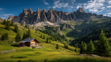 Discover a tranquil mountain cabin surrounded by lush greenery and magnificent peaks, perfect for outdoor adventures and relaxation.の素材