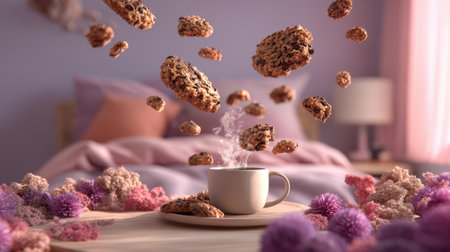 A delightful scene featuring fresh cookies floating above a steaming cup of coffee, surrounded by colorful flowers in a serene bedroom, perfect for cozy mornings.の素材
