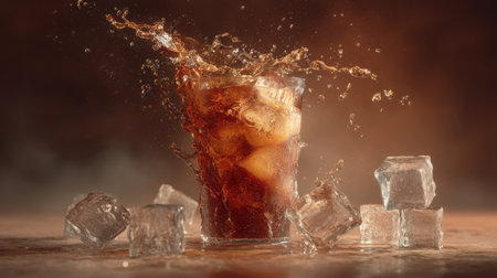 A mesmerizing image of a refreshing ice-cold beverage splashing in a glass with ice cubes, perfect for summer vibes or party themes.の素材