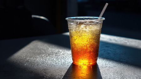 A refreshing beverage sits in a clear cup, filled with ice and sparkling liquid. Soft sunlight creates beautiful reflections and highlights the drink, inviting a sense of relaxation and enjoyment.の素材