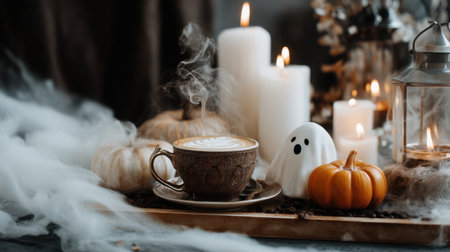 A warm and inviting autumn setting featuring a steaming coffee cup, decorative pumpkins, flickering candles, and a whimsical ghost figure.の素材