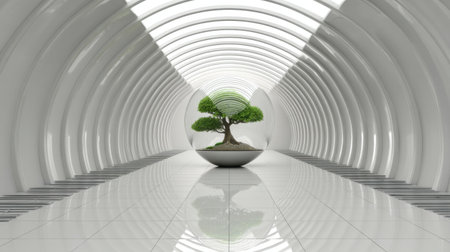 This striking image captures a modern, minimalist white room featuring a futuristic plant display that symbolizes nature and serenity.の素材