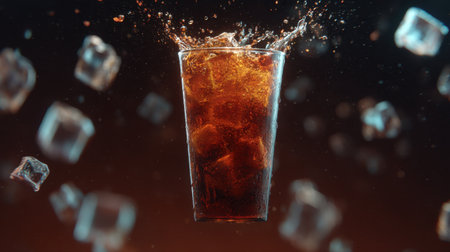 A captivating image of a glass filled with cola and ice cubes, showcasing a splash effect that highlights refreshment and enjoyment. Perfect for beverage promotions.の素材