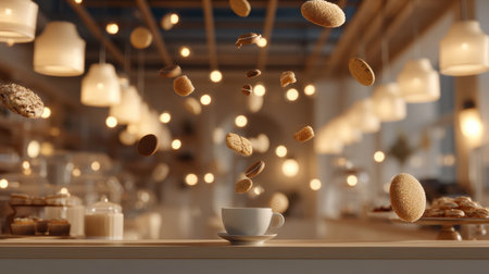 A captivating scene featuring floating cookies above a cup of coffee in a cozy cafe, creating a warm and inviting atmosphere perfect for dessert lovers.の素材