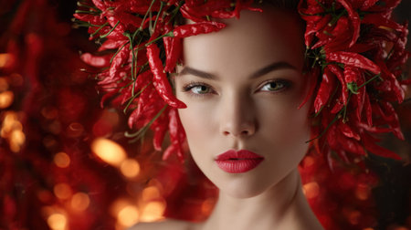 This striking portrait showcases a model with vibrant red chili peppers in her hair, set against a mesmerizing background. The bold colors and expression exude creativity and allure.の素材