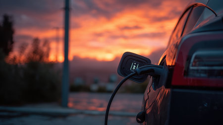 A striking view of an electric vehicle charging during sunset, highlighting modern transportation and sustainable practices in a serene environment.の素材