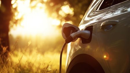 A peaceful scene features an electric vehicle charging in a picturesque outdoor setting. Warm sunlight filters through trees, creating a serene atmosphere.の素材
