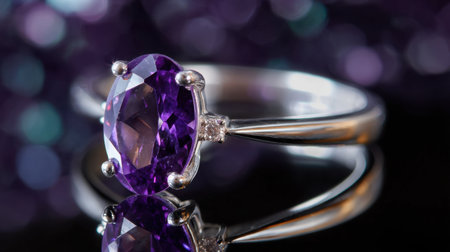 This stunning amethyst ring showcases a beautifully cut oval gemstone set in polished silver, reflecting light against a dreamy bokeh background.の素材