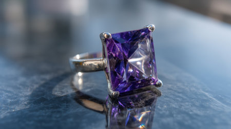 Stunning amethyst gemstone ring set in a sleek silver band. The rich purple stone captures and reflects light beautifully in a modern setting.の素材