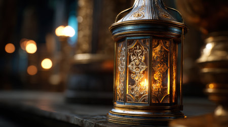 A beautifully crafted vintage lantern featuring intricate designs reflects warm light in a cozy interior, creating an inviting atmosphere.の素材