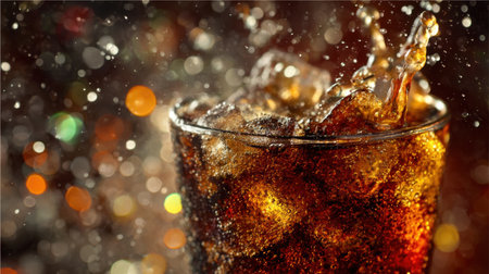 A dynamic and enticing image of a glass filled with refreshing cola, showcasing ice cubes and bubbles, set against a vibrant bokeh backdrop.の素材