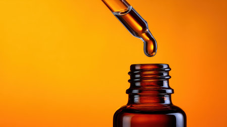 This close-up image features a dropper releasing a single droplet from an amber bottle, set against a vibrant orange gradient background.の素材