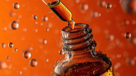 This striking close-up image captures a liquid bottle with a dropper, surrounded by shimmering water droplets against a bold orange background, perfect for creative projects.の素材
