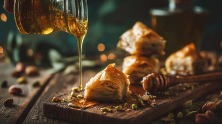 A close-up view of baklava pastry being drizzled with honey on a rustic wooden table. The soft lighting enhances the rich textures, inviting a taste experience.の素材