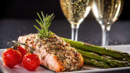 A beautiful plate features a grilled salmon fillet topped with herbs, accompanied by vibrant asparagus and tomatoes, perfect for elegant dining.の素材