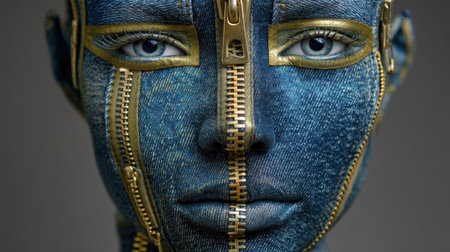 This captivating artwork showcases a human face constructed from denim and adorned with golden zippers, merging fashion and art.の素材