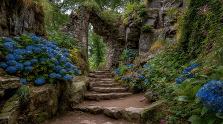 Discover a serene pathway winding through ancient stone ruins, adorned by vibrant blue hydrangeas and lush greenery, evoking a peaceful ambiance.の素材