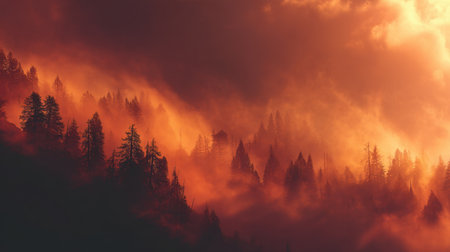 This stunning image captures a mystical forest landscape at dusk, featuring dramatic orange and red skies blending with ethereal mist.の素材