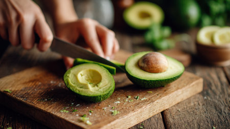 A close-up view of hands slicing a fresh avocado on a rustic wooden board, highlighting the vibrant green flesh and healthy eating.の素材
