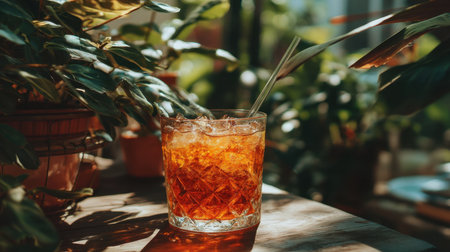 A vibrant glass of iced drink with ice cubes sits on a wooden table amidst lush greenery, capturing the essence of summer and relaxation.の素材