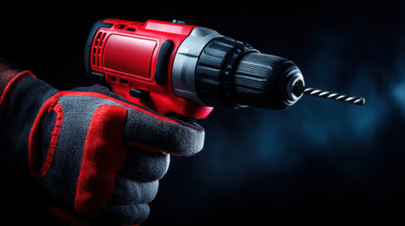 Close-up of a skilled worker holding a powerful red and black cordless drill with a metallic drill bit, set against a dark background, showcasing tools for construction.の素材