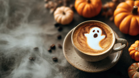 A cozy coffee cup features ghost latte art, surrounded by vibrant pumpkins and wispy smoke, perfect for Halloween celebrations and autumn vibes.の素材