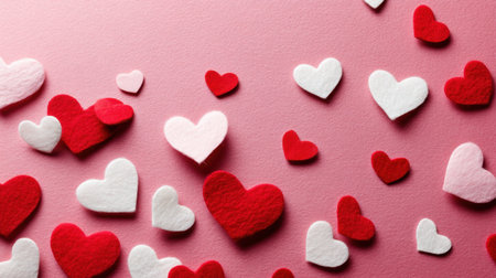 A delightful arrangement of colorful felt hearts in shades of red, white, and pink scattered on a soft pink background, perfect for romantic themes and creative projects.の素材