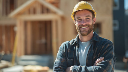 A cheerful construction worker stands confidently at a building site, wearing a safety helmet and casual attire, embodying professionalism and skill.の素材