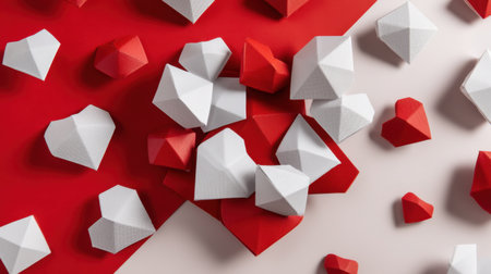 A vibrant arrangement of colorful hearts and geometric shapes on a bold red and white background, perfect for creative designs, Valentine's themes, and joyful celebrations.の素材