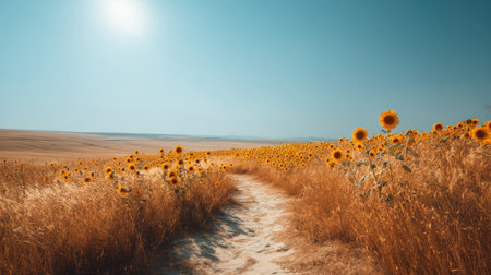 A picturesque pathway meanders through a radiant sunflower field, illuminated by warm sunlight under a clear blue sky, embodying nature's serene beauty.の素材