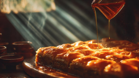 This captivating image showcases a freshly made baklava, drenched in golden syrup, illuminated by soft beams of sunlight, capturing a warm, inviting atmosphere.の素材