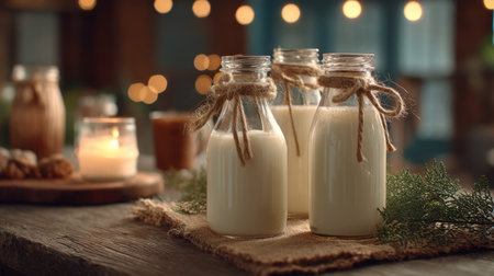 Three rustic glass bottles filled with fresh milk are placed on a wooden table, surrounded by cozy decor and soft lighting, creating a warm and inviting ambiance.の素材