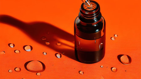 A dark glass bottle with a dropper sits elegantly on a vibrant orange surface, showcasing water droplets for a fresh, modern look. Perfect for beauty or skincare visuals.の素材