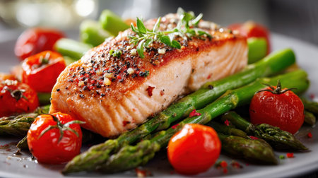 A stunning gourmet dish featuring a perfectly grilled salmon fillet atop a bed of vibrant asparagus and juicy cherry tomatoes, garnished with fresh herbs.の素材
