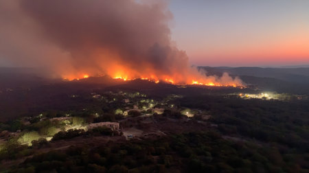 A breathtaking aerial view captures a fierce forest fire creating a dramatic scene as flames and smoke rise against the dusky horizon.の素材